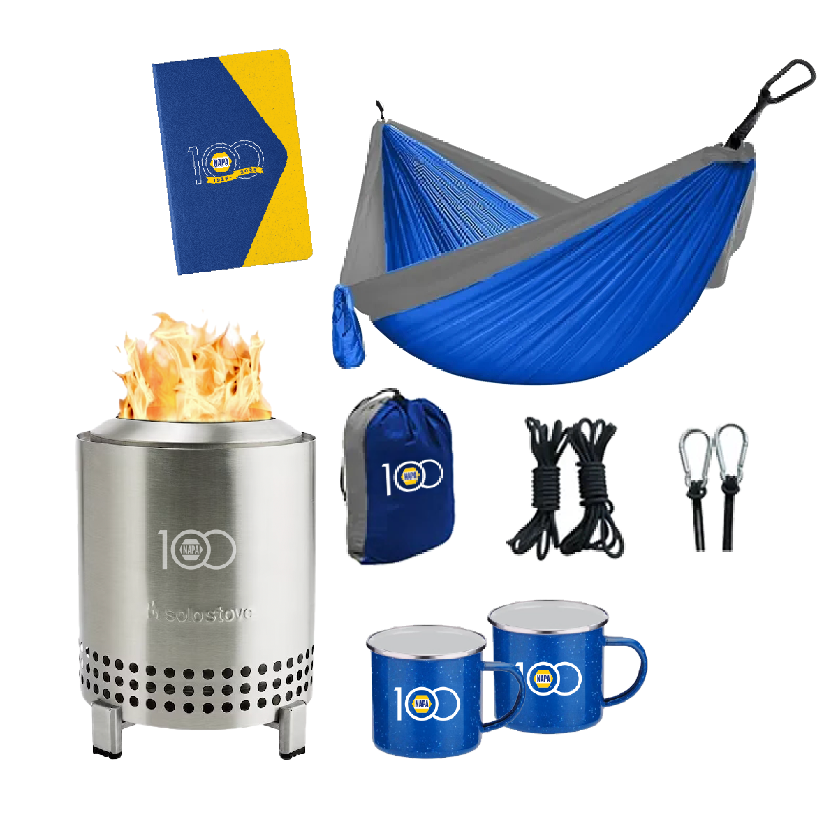 Tier 2 prize imagery, featuring a hammock, Solo Stove, NAPA branded gear and campfire mugs.