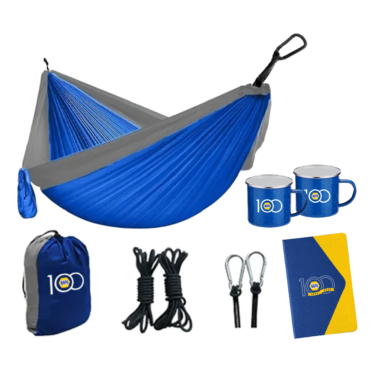 Tier 2 prize imagery, featuring a hammock, NAPA branded gear and campfire mugs.