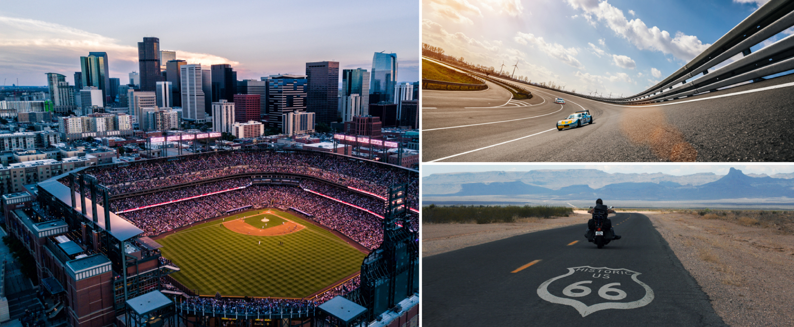 A collage of potential travel destinations, featuring an aerial view of a baseball field, a Nascar race and a motorcyclist riding along Route 66.